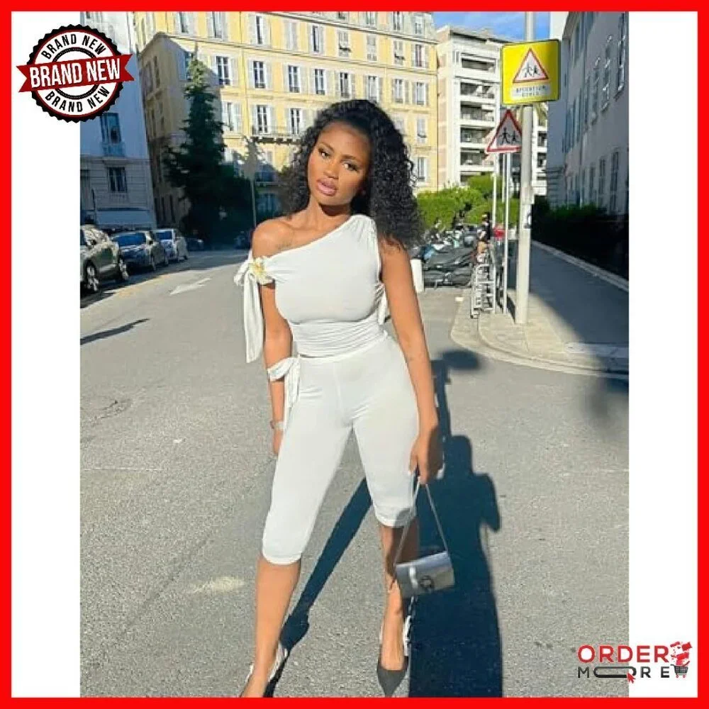 Sleeveless One Shoulder Crop Top Bodycon Capri Pants Set Polyester